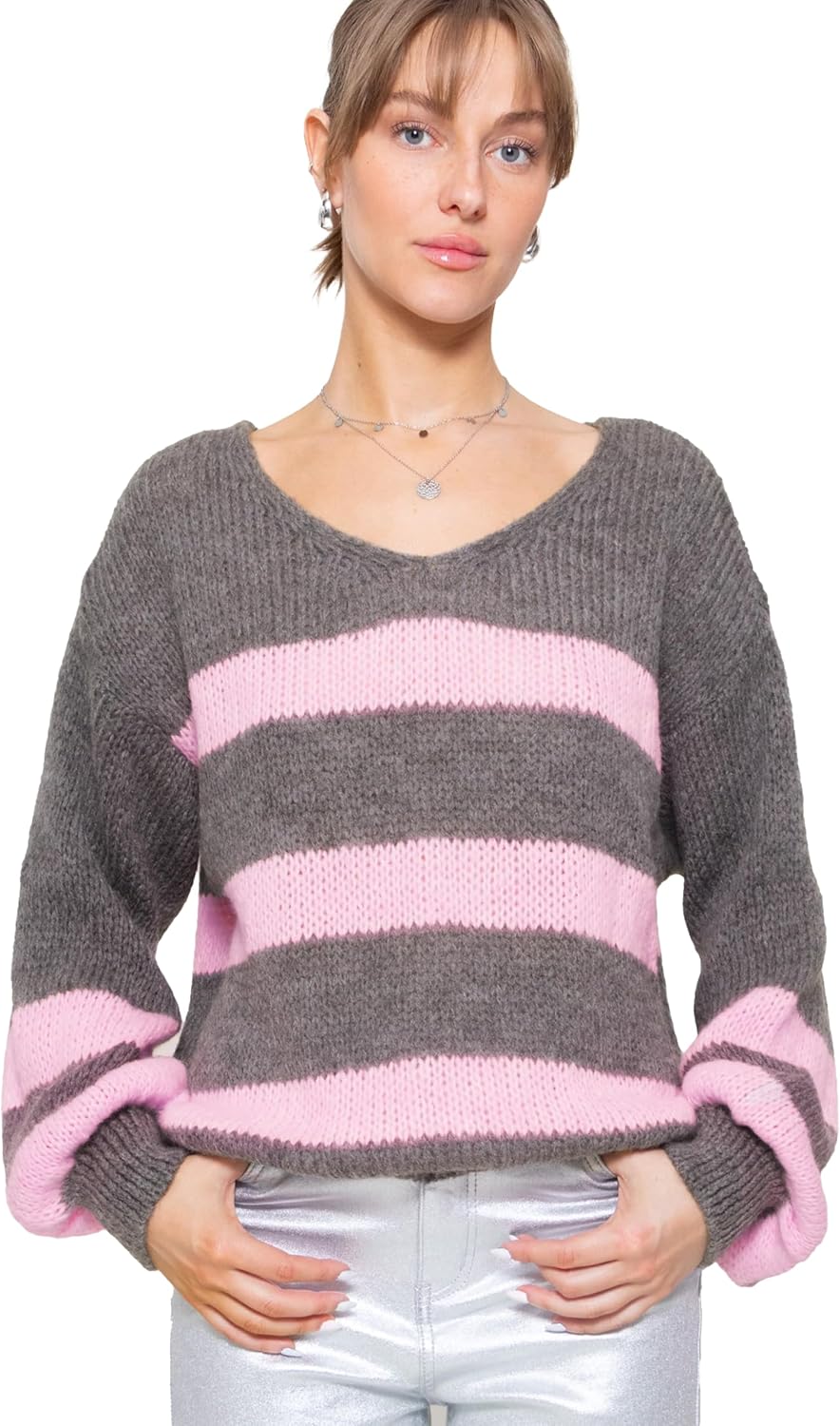 SASSYCLASSY Streifen Strickpullover Damen Oversize - Madie in Italy - grobmaschig V Ausschnitt Pulli