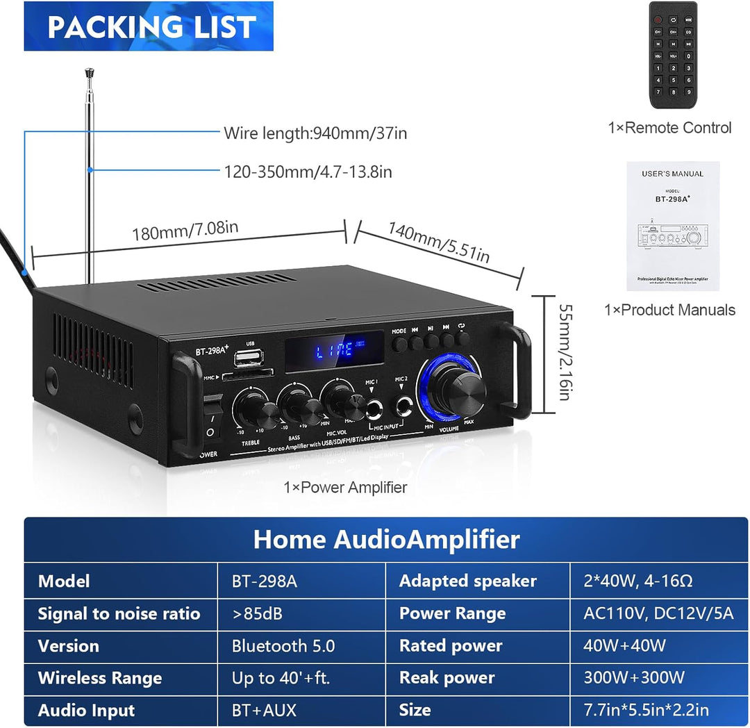 HiFi-Verstärker BT-298A+ Bluetooth5.0 Mini Stereo-Audioverstärker Receiver 2 Kanäle 40W x 2 Digitale