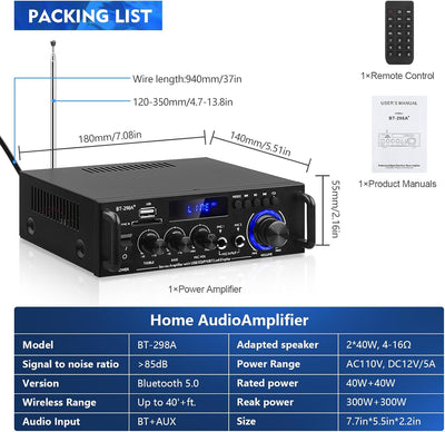 HiFi-Verstärker BT-298A+ Bluetooth5.0 Mini Stereo-Audioverstärker Receiver 2 Kanäle 40W x 2 Digitale