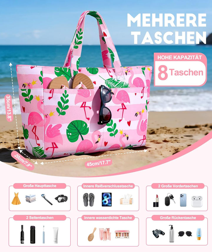 ISEYOU Strandtasche XXL Familie, Gross Strandtasche mit Reissverschluss Wasserdicht Sanddicht, Handt