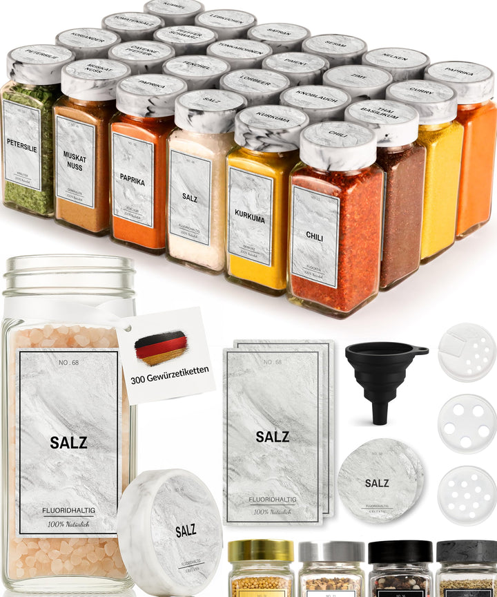 Greeano Mamor Weiss Gewürzgläser Set [24 x 120ml] mit 300 Gewürzetiketten [DE] - Gewürzgläser eckig