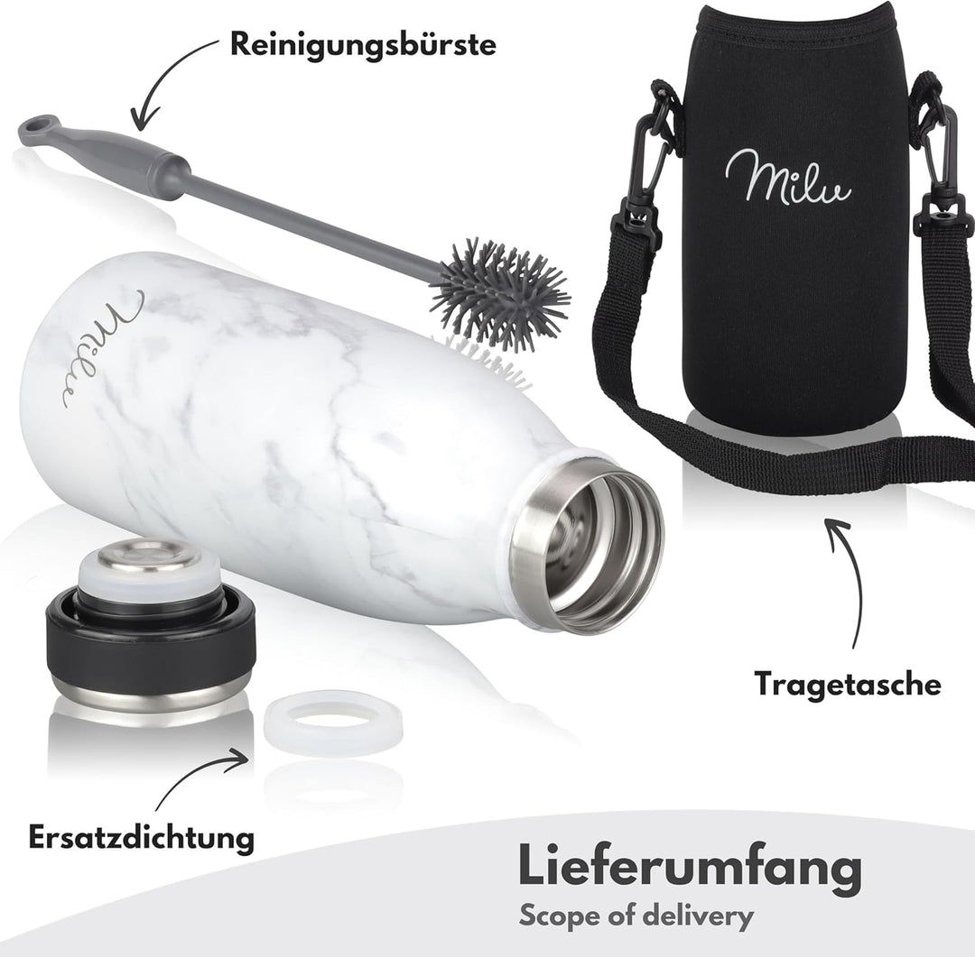 Milu Edelstahl Trinkflasche 350ml, 500ml, 750ml, 1L, 1,5L – Thermosflasche für Kinder Erwachsene aus