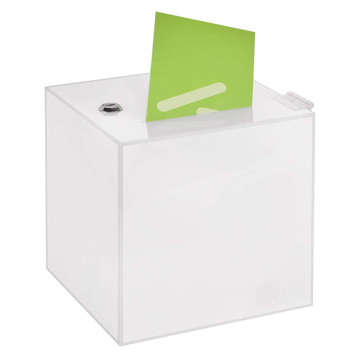 Losbox in 200x200x200mm, aus opalem Acrylglas - Zeigis® / Spendenbox/Aktionsbox/Gewinnspielbox/undur