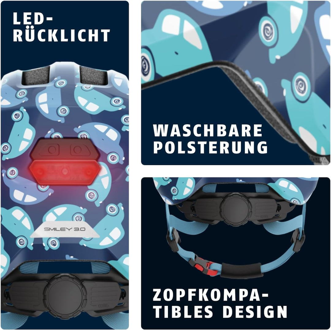 ABUS Kinderhelm Smiley 3.0 LED - Fahrradhelm mit Licht - tiefe Passform & Platz für einen Zopf - für
