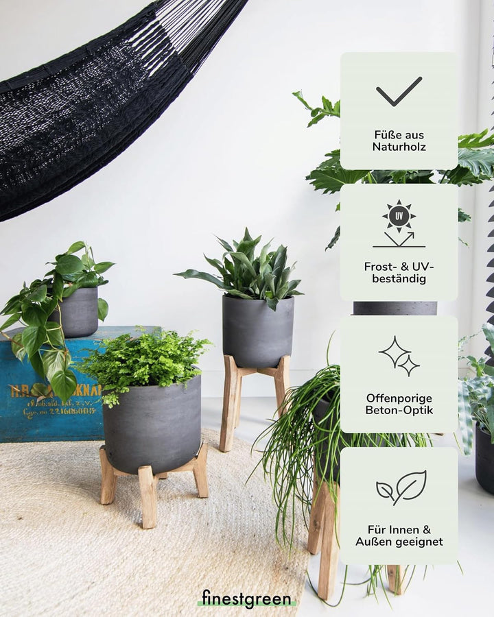 Finestgreen Charlie Feet Low | Handgefertigtes Pflanzgefäss auf Holzfüssen (XL Ø:36 H:44,5 cm, Schwa