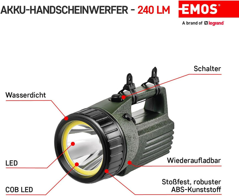 EMOS LED Akku-Handscheinwerfer für Aussen mit Tragegurt, superhell 240lm, 300m Leuchtweite, 72 St. L