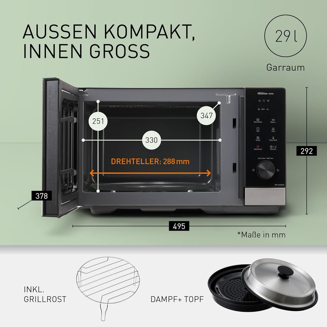 Panasonic NN-GD38QSEPG 29L Grill-Mikrowelle mit Steam+ Pot, 1000 W, automatisches Auftauen, Kombinat