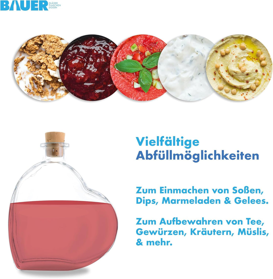 Flaschenbauer - 9 x Herz Flasche Passion: Glasflasche Herz 200 ml - 9 Mini Glasflaschen mit Korken v
