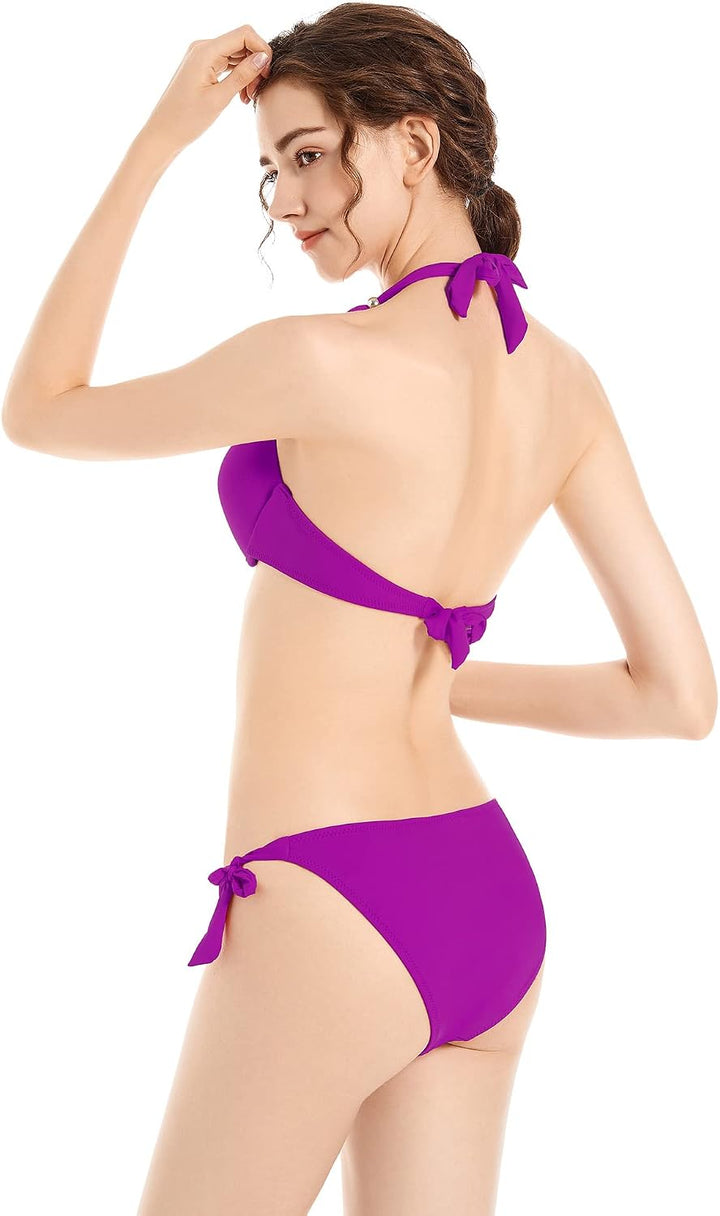 Damen Seitlich Gebunden Bikini Sets Abnehmbar Bademode Push up Bikinioberteil mit Nackenträger S Vio