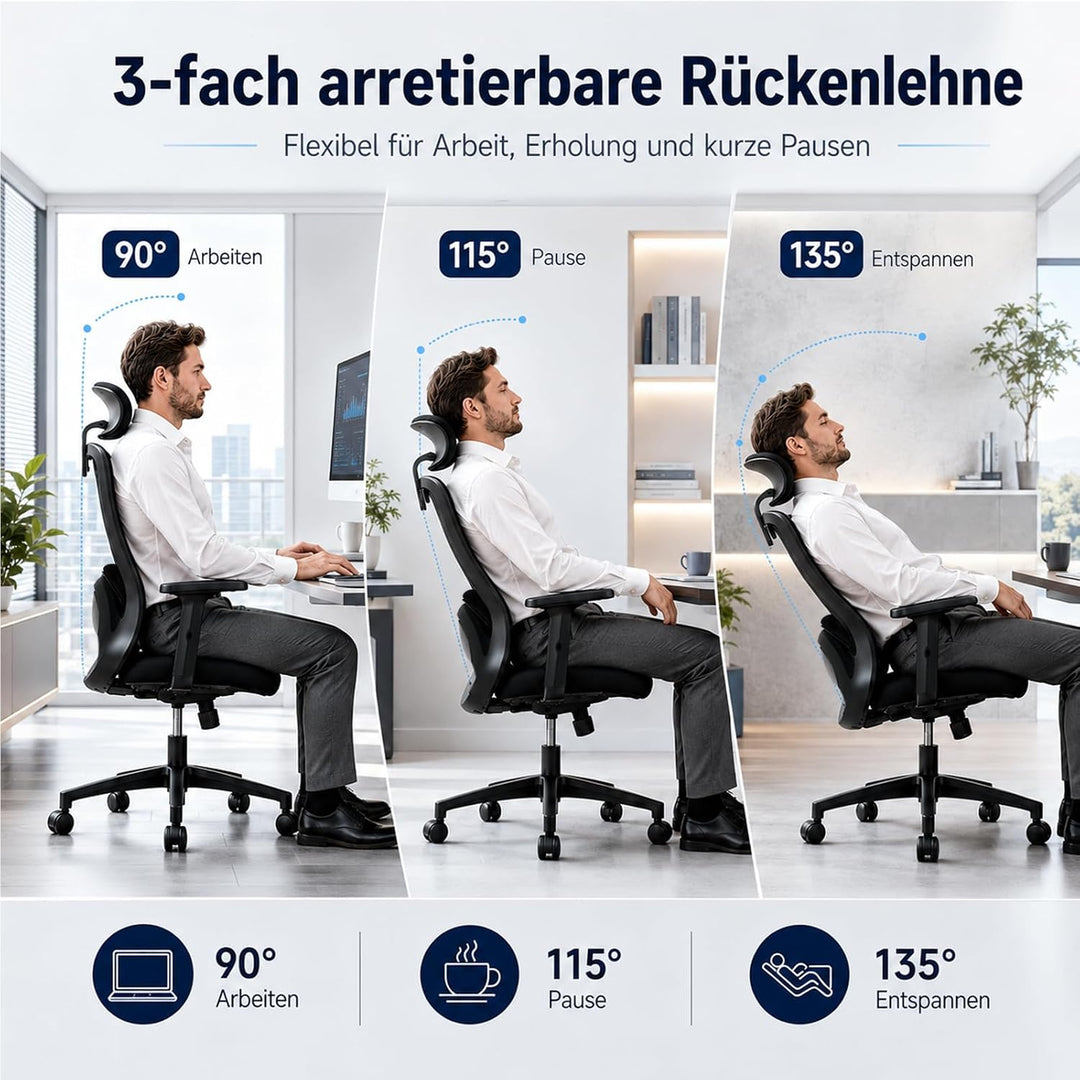 Bürostuhl, Ergonomischer Bürostuhl mit Verstellbarer 4D Lendenwirbelstütze, Schreibtischstuhl mit Ko