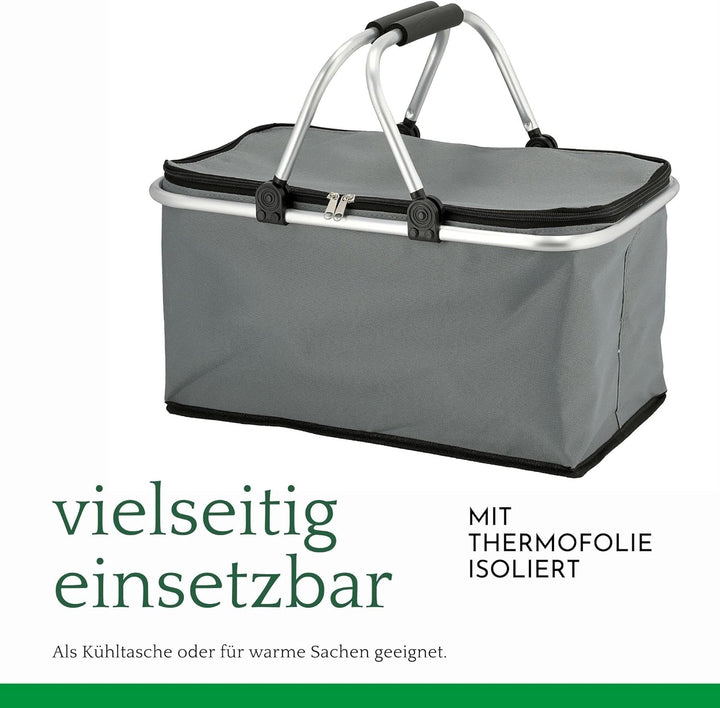Novaliv 2X Einkaufskorb faltbar mit Kühlfunktion 30 Liter GRAU Isolierkorb mit gepolsterten Tragegri