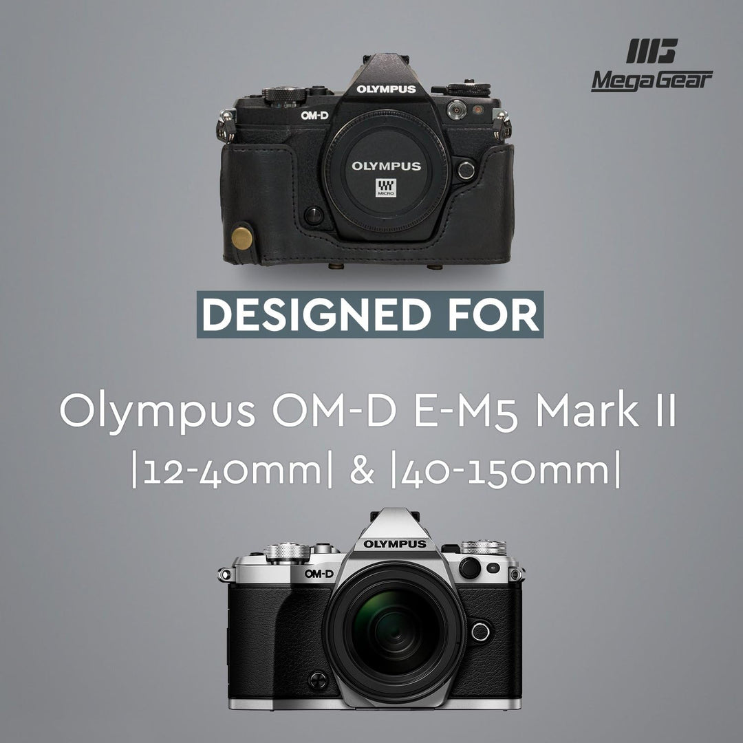 MegaGear Olympus OM-D E-M5 Mark II 12-40mm Ever Ready Leder Kamera-Case mit Trageriemen und Batterie