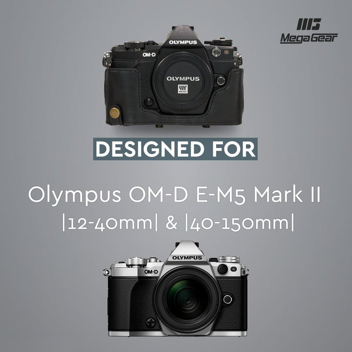 MegaGear Olympus OM-D E-M5 Mark II 12-40mm Ever Ready Leder Kamera-Case mit Trageriemen und Batterie