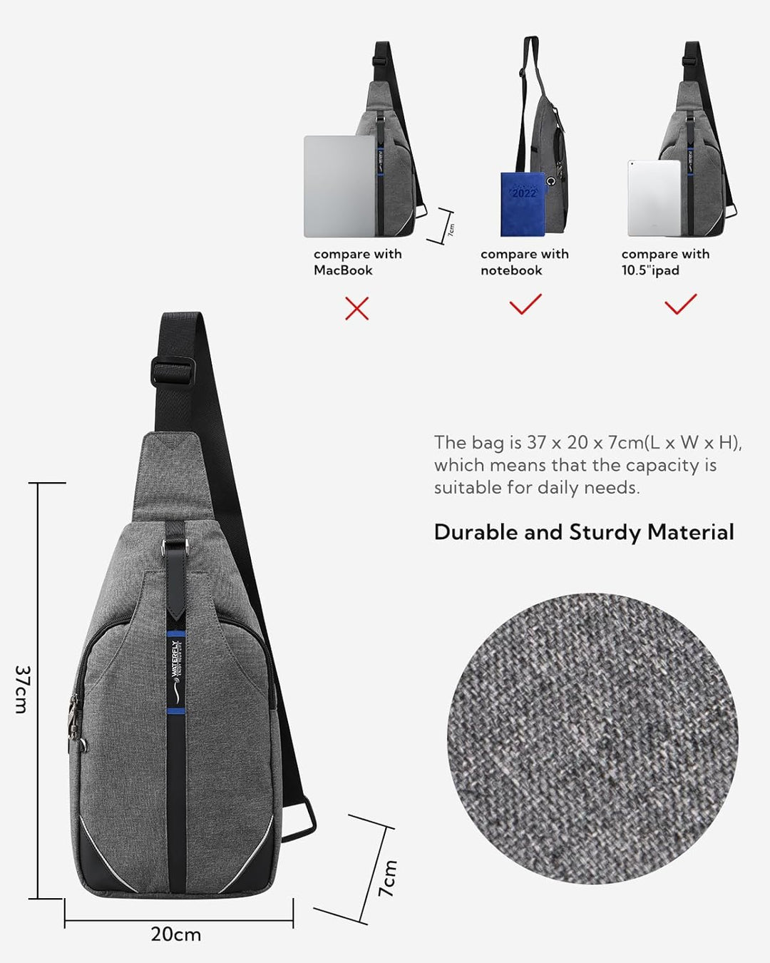 WATERFLY Anti-Diebstahl Sling Bag für Damen und Herren Brusttasche Hippie Crossbody Bag Multipurpose