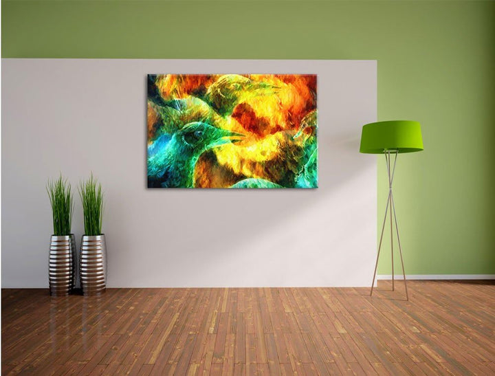 Pixxprint Vogel Phönix Collage Kunst / 100x70cm Leinwandbild bespannt auf Holzrahmen/Wandbild Kunstd