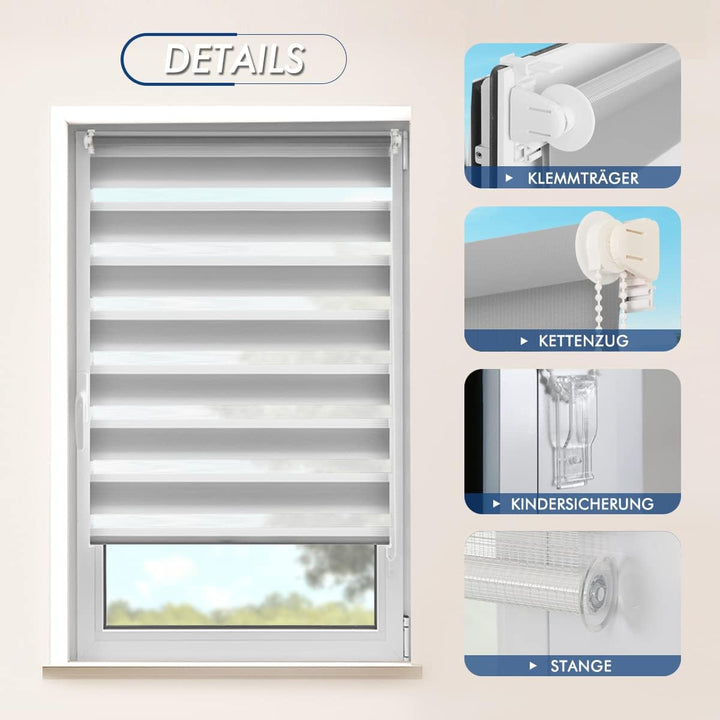 SBARTAR Doppelrollo Klemmfix ohne Bohren & mit Bohren Grau B90 x H130 cm (Stoffbreite 90 cm), Duo Ro