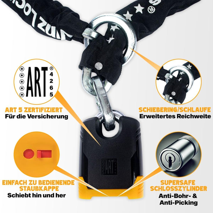 VINZ Batura Motorradschloss 180cm | Massives Kettenschloss 12mm Dicke Kette aus Gehärtetem Stahl | R