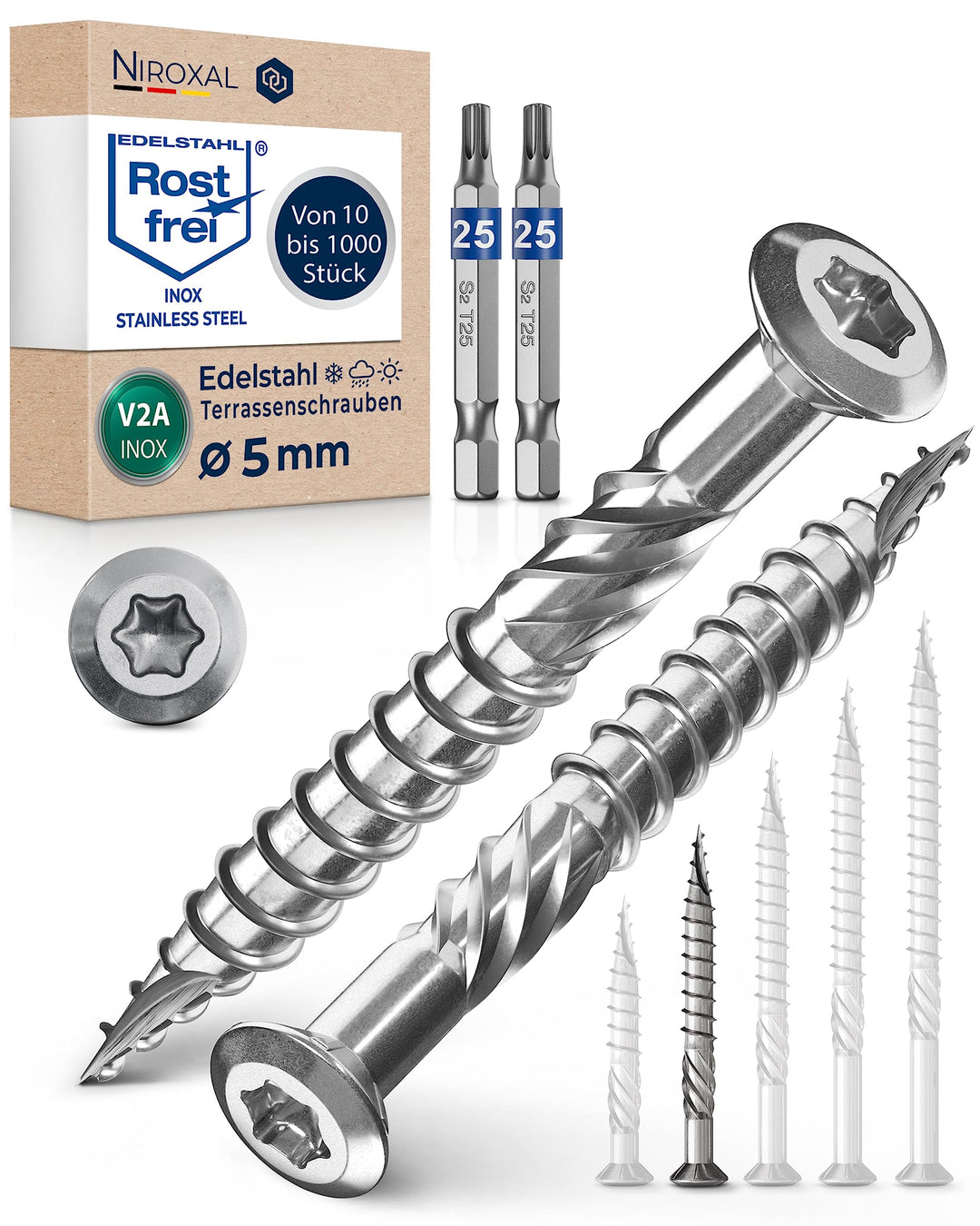 Terrassenschrauben 5x50 Edelstahl A2 Linsenkopfschrauben Torx Schrauben 5mm stark 1000 Stück Holzsch