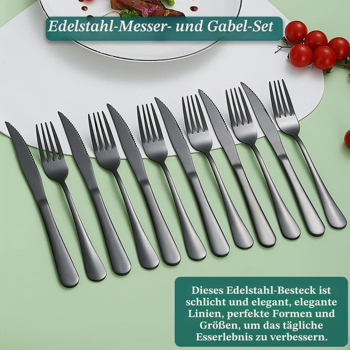 Evanda Schwarzes Steakbesteck 12 teilig, Schwarzes Titanbeschichtung Edelstahl 6 Tafelgabeln und 6 T