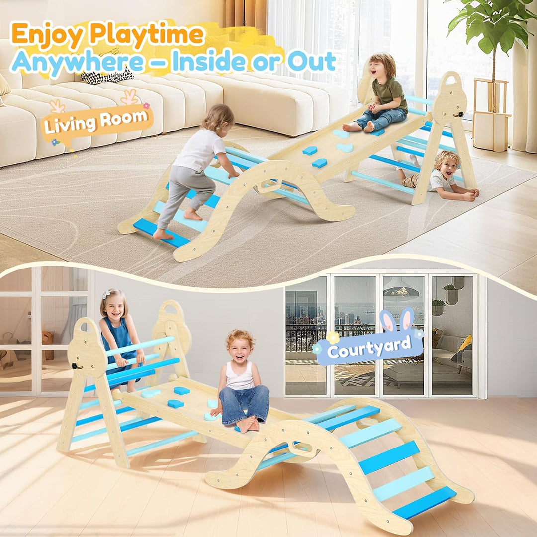 7-in-1 Montessori Klettergerüst Indoor, Kletterdreieck mit Rutsche & Kletterbogen, stabiles Holzklet