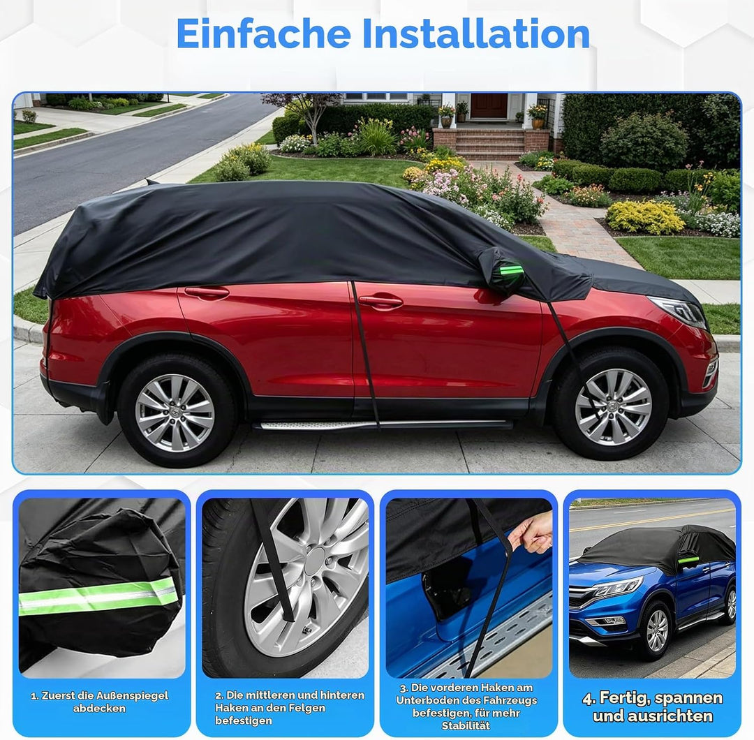 210D Autoabdeckung Wasserdicht Outdoor Halbgarage für Auto SUV, Allwetterschutz Autoplane Abdeckplan