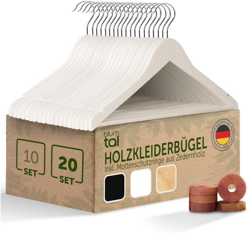 Blumtal Kleiderbügel Holz Weiss 20er Set - Holzbügel mit 360° drehbarem Metallhaken - Bügel aus Mass