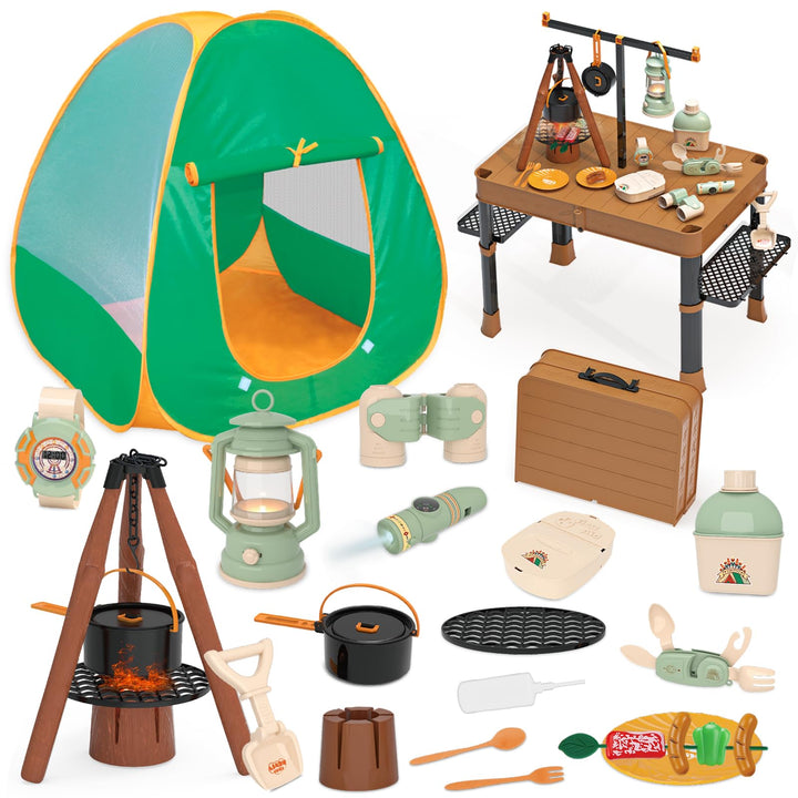 Fisca 62PCS Kinder Spielzelt - Campingzelt mit Ausrüstung & Werkzeug, Abenteuer Camping Set für Klei