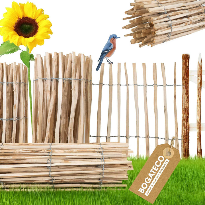 BOGATECO Staketenzaun Haselnuss Kastanie | Holz-Zaun 50 cm Hoch & 500 cm Lang | Lattennabstand 4-5 c