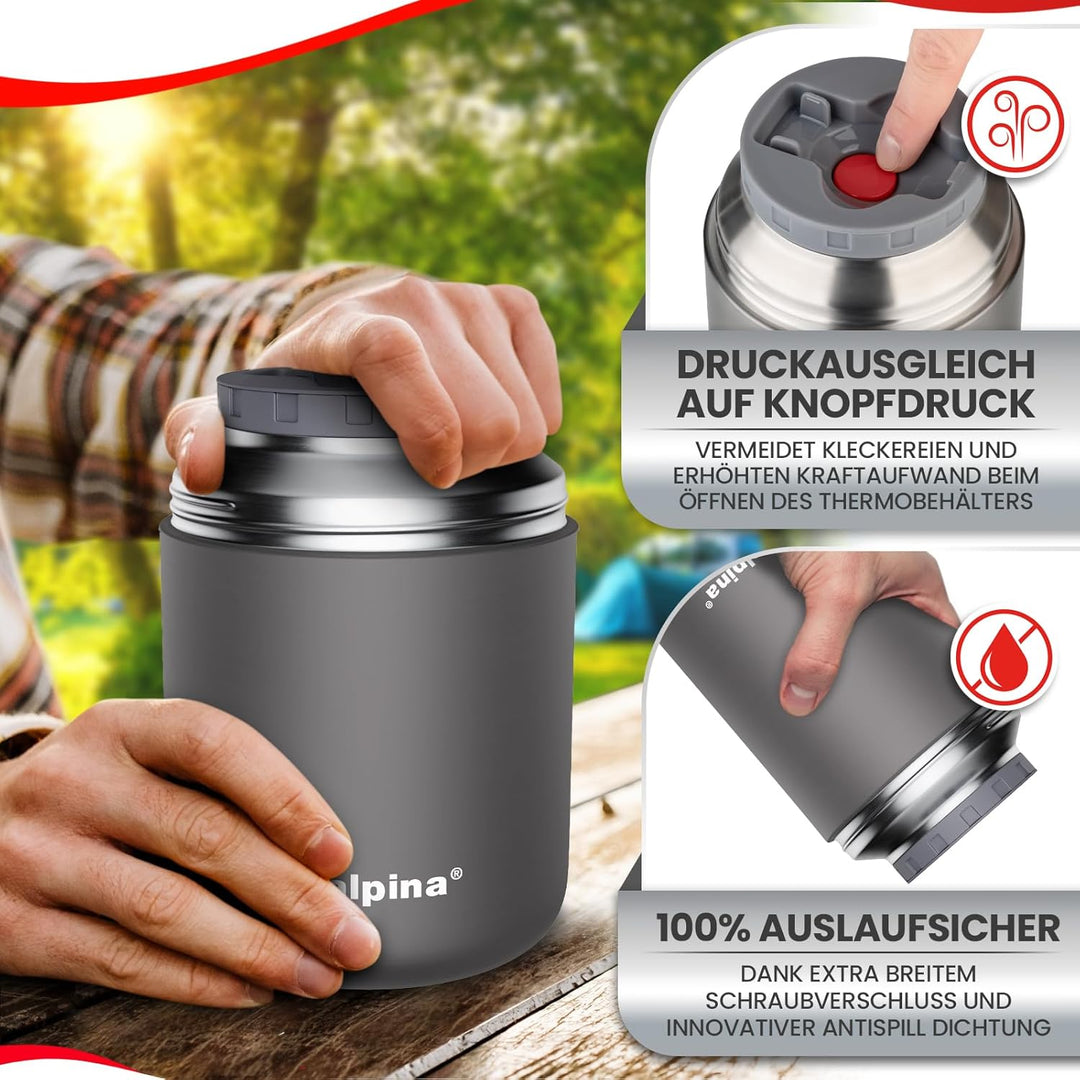 alpina Thermobehälter für Essen - SPÜLMASCHINENFESTER Thermo Becher 530ml mit Druckausgleich und fal