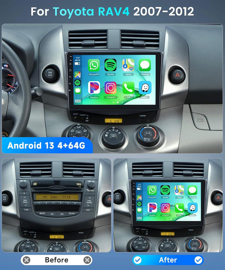 Rimoody 4+64G Android Autoradio für Toyota RAV4 2007-2012 9 Zoll HD Touchscreen Autoradio mit Wirele