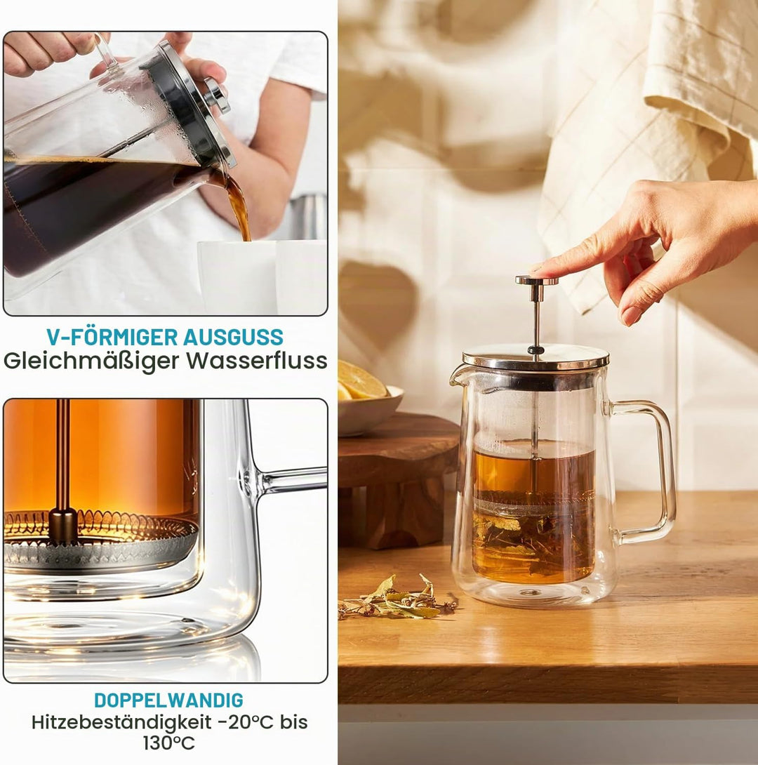 French Press 1 Liter, Grosse Kaffeebereiter, Thermo Doppelwand Design, Kaffeebereiter aus Borosilika