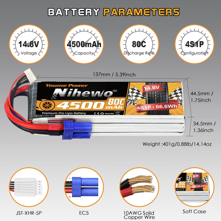 2Packs 4S Lipo Akku, Nihewo RC Akku 14.8V 4500mAh 80C mit EC5 Stecker Kompatibel mit 1/6 1/8 Masssta