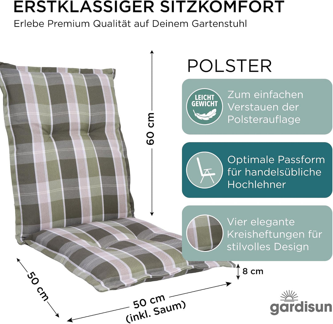 Gartenstuhlauflagen Niedriglehner, 1er Set, Grün kariert | Extra Dicke Sitzauflagen, Made in EU, Stu