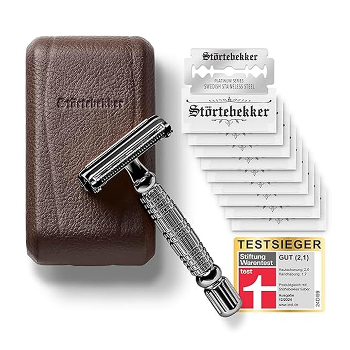 Störtebekker® Premium Rasierhobel "Hamburg" im handgefertigten Leder-Etui | Rasier-Set mit 10 Rasier