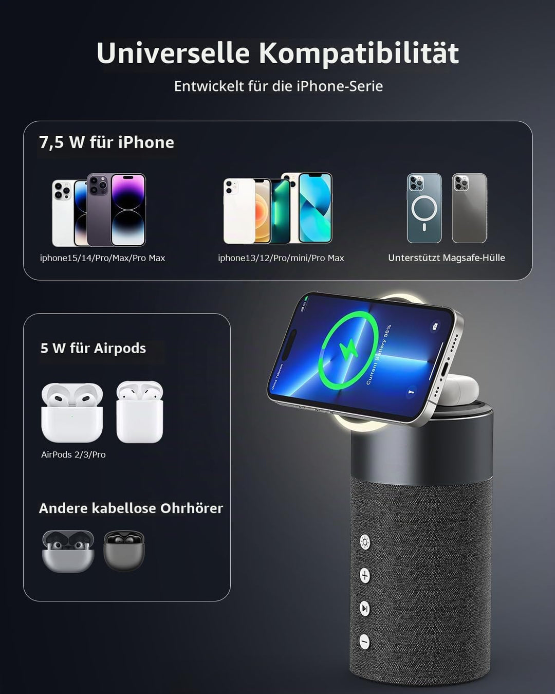 COLSUR Bluetooth Lautsprecher, Mag-Safe Kabelloses Ladegerät, Bluetooth Lautsprecher mit Nachtlicht,