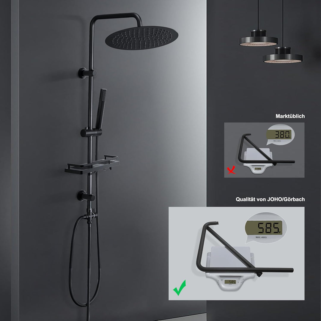Görbach Regendusche Duschsystem mit Ablage, Edelstahl Duschstangeset, Wassersparend, Duschset ohne A