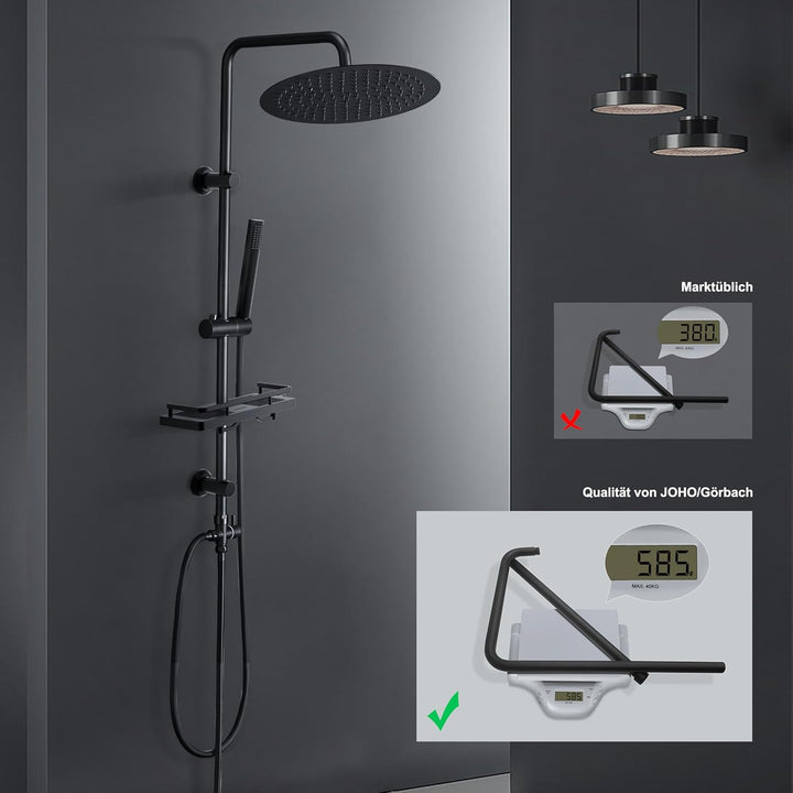 Görbach Regendusche Duschsystem mit Ablage, Edelstahl Duschstangeset, Wassersparend, Duschset ohne A