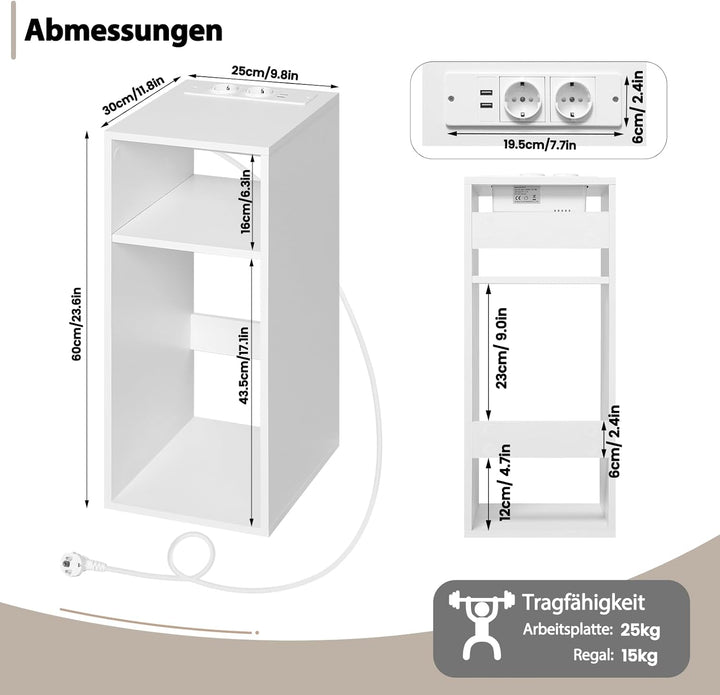 WOLTU 2er Set Nachttisch mit Ladefunktion, schmaler Kleiner Beistelltisch mit 2 Steckdosen 2 USB-Ans