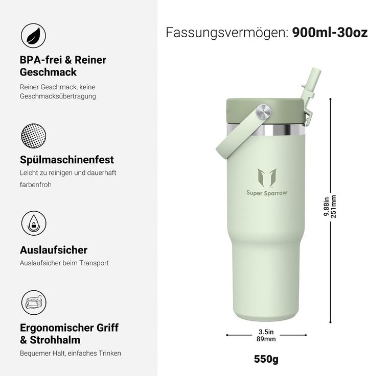 Sparrow Trinkflasche Edelstahl - Twistpath Thermosflasche mit Flex-Strohhalmdeckel - 900ml - BPA-fre