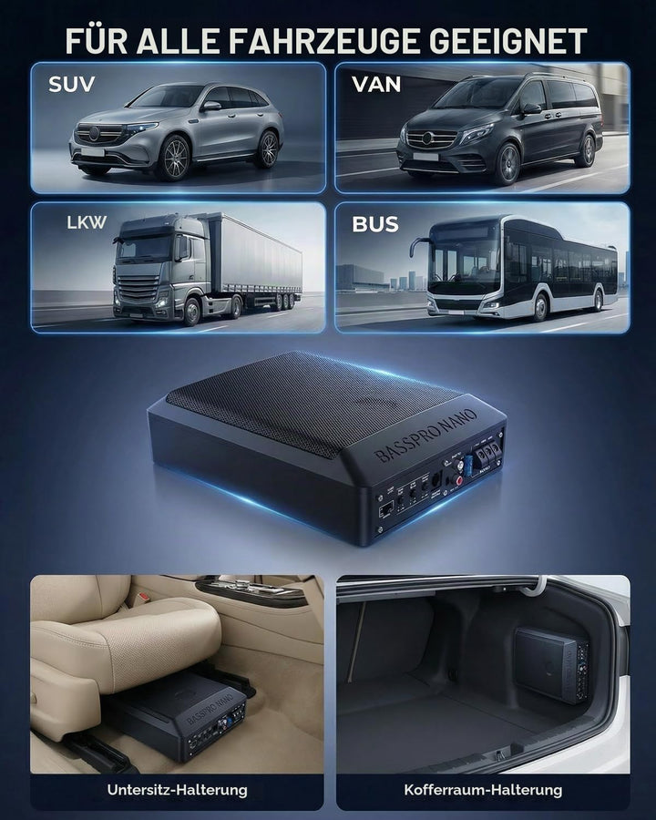 Ultraflacher Auto-Subwoofer, geeignet für Limousinen/LKW, mit integriertem Verstärker, unter den Sit