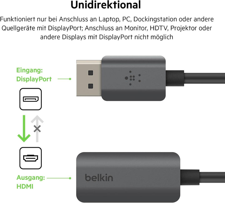 Belkin HDMI/DisplayPort-Adapter, DP 1.2 auf HDMI 2.0-Konverter für 4K-Monitor, 60 Hz, mit HDR 10, ko