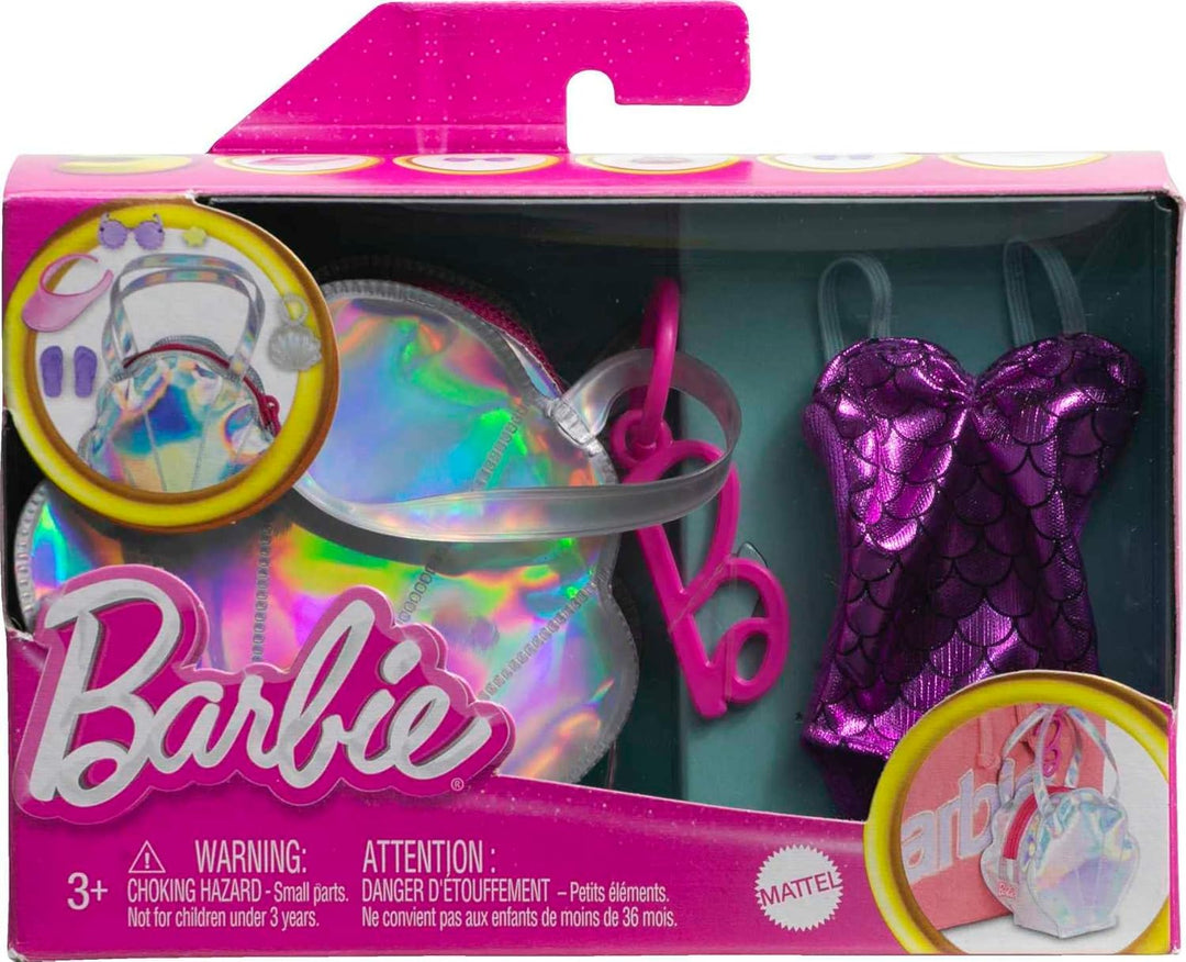 Barbie Kleidung, Deluxe-Strandtasche zum Anklippen, mit Badeanzug und fünf Themen-Accessoires für Ba