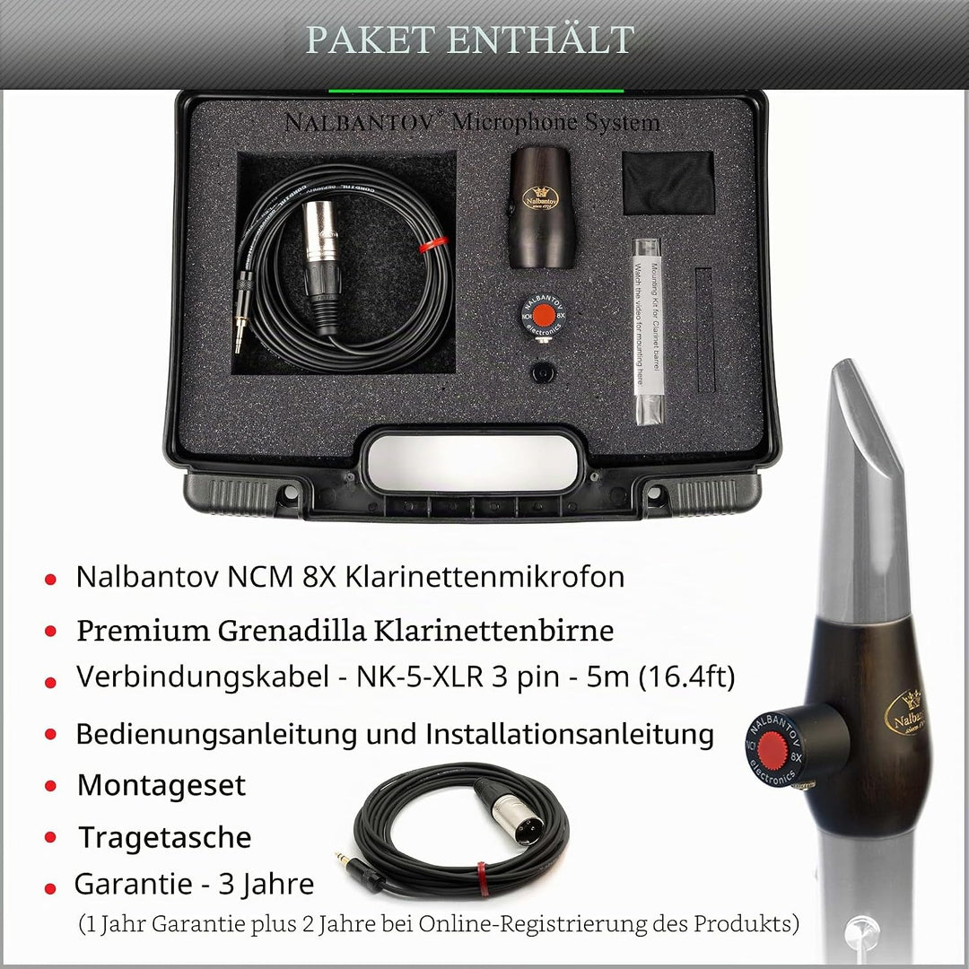 Nalbantov Klarinettenmikrofon NCM 8X SC Set: Tonabnehmersystem, Grenadilla Klarinette Barrel, Kabel