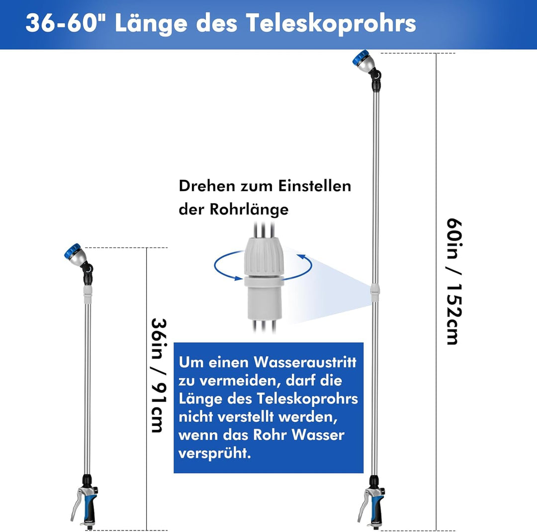 RESTMO Langer Teleskop Giessstab 92-152 cm, Lang Gartenbrause Metall mit 180° schwenkbaren Kopf, 7 S
