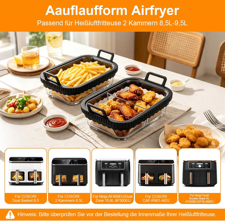 2 Stück Auflaufform Airfryer für Ninja & Cosori 2 Kammern Glasform mit Deckel & Abnehmbaren Griffen
