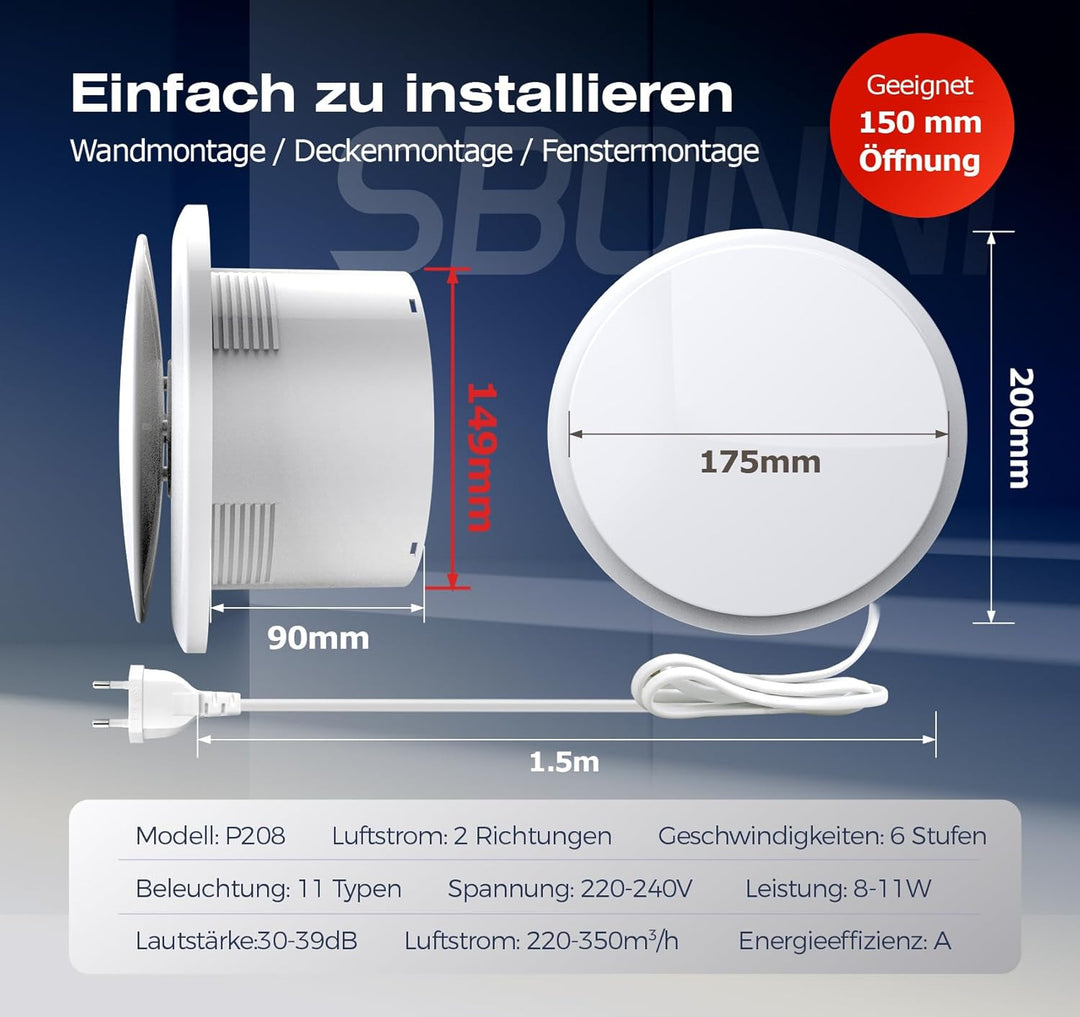 Badlüfter 150mm - 11 Lichteffekte, 2 Richtungen Ventilaton, 6 Geschwindigkeiten, Leiser Abluftventil