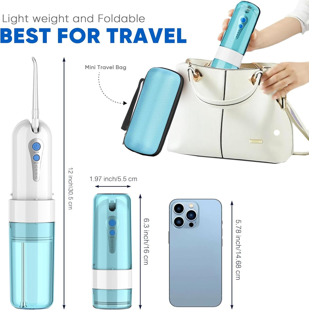 GEEDIAR Munddusche Testsieger Reise, Water Flosser Zahnzwischenraumreiniger mit 5 um Ersatzdüsen, 4