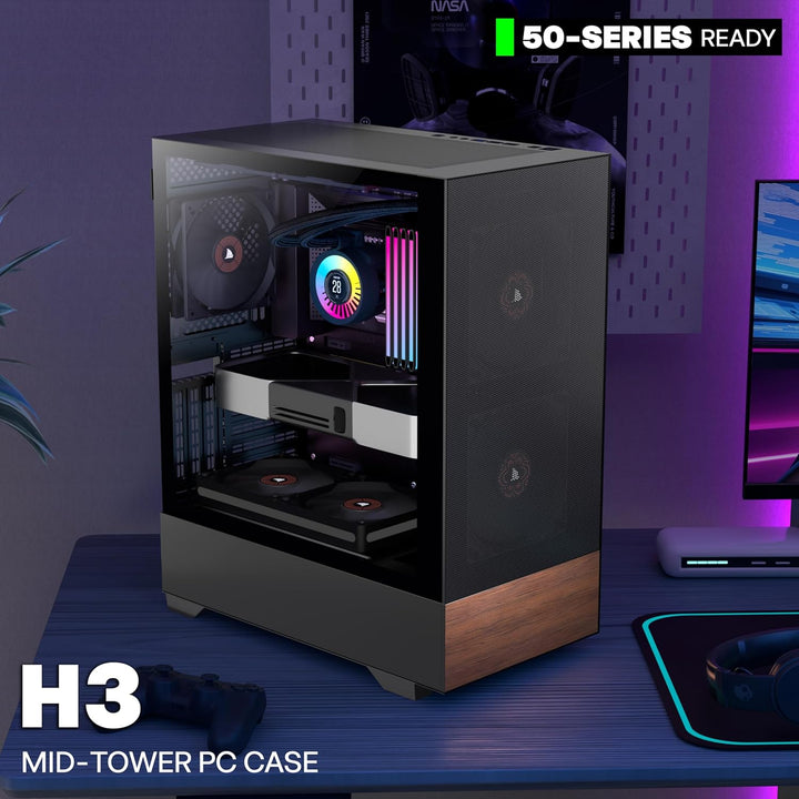 KEDIERS PC Gehäuse ATX Tower Gaming Computergehäuse mit gehärtetem Glas (schwarz + 3-Lüfter NO-LED),