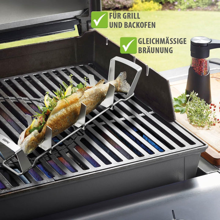 GEFU Fischhalter BBQ – Edelstahl-Fischhalter für Grill &amp; Backofen, kein Wenden &amp; Auslaufen von Marin