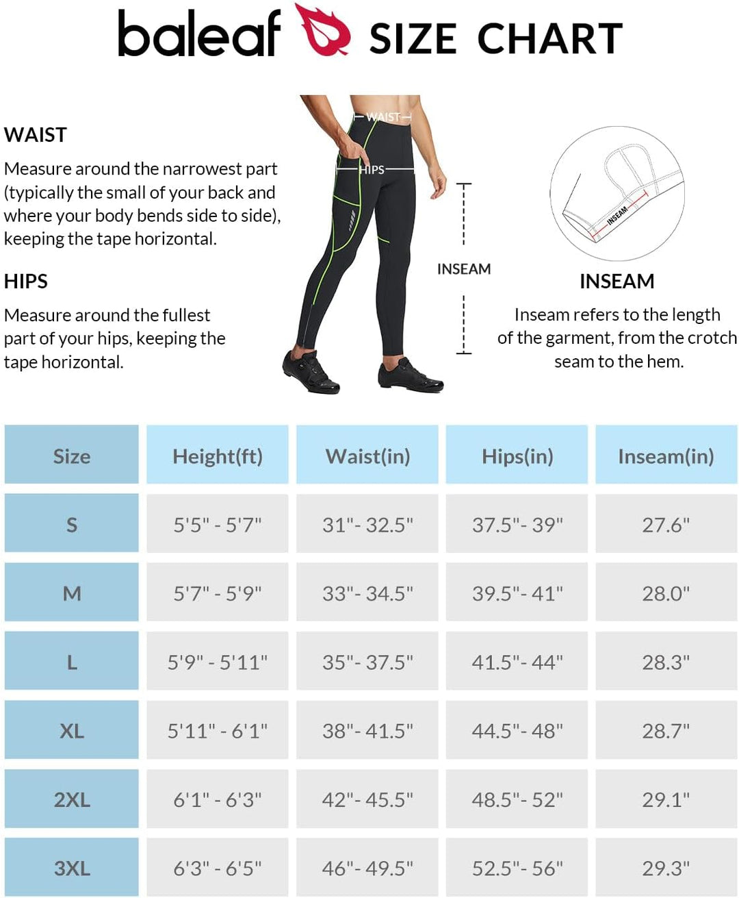 BALEAF Herren Fahrradhose lang 3D gepolsterte Leggings Radsport Lange Hosen Fleeced Flare Radhose La
